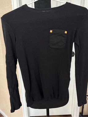 Zara Black Ribbed Crewneck Sweater with Chest Pocket